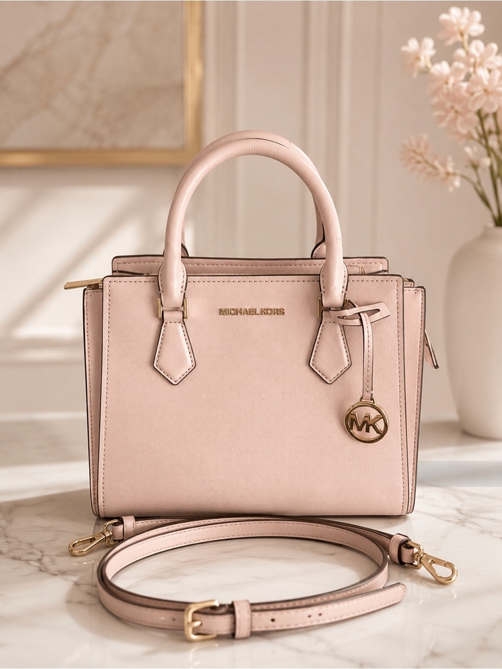 Michael Kors Camille Medium Pink Saffiano Leather Satchel Crossbody Bag